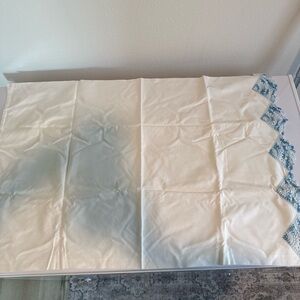 Vintage White Pillowcase Set (2) – Hand-Crocheted Blue Lace Edge – 21x32